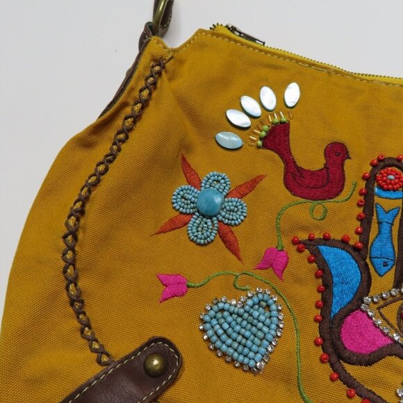 Mare Sole Amore Embroidered Eye Beaded Rhinestone Leather Strap Shoulder Bag - Picture 3 of 16
